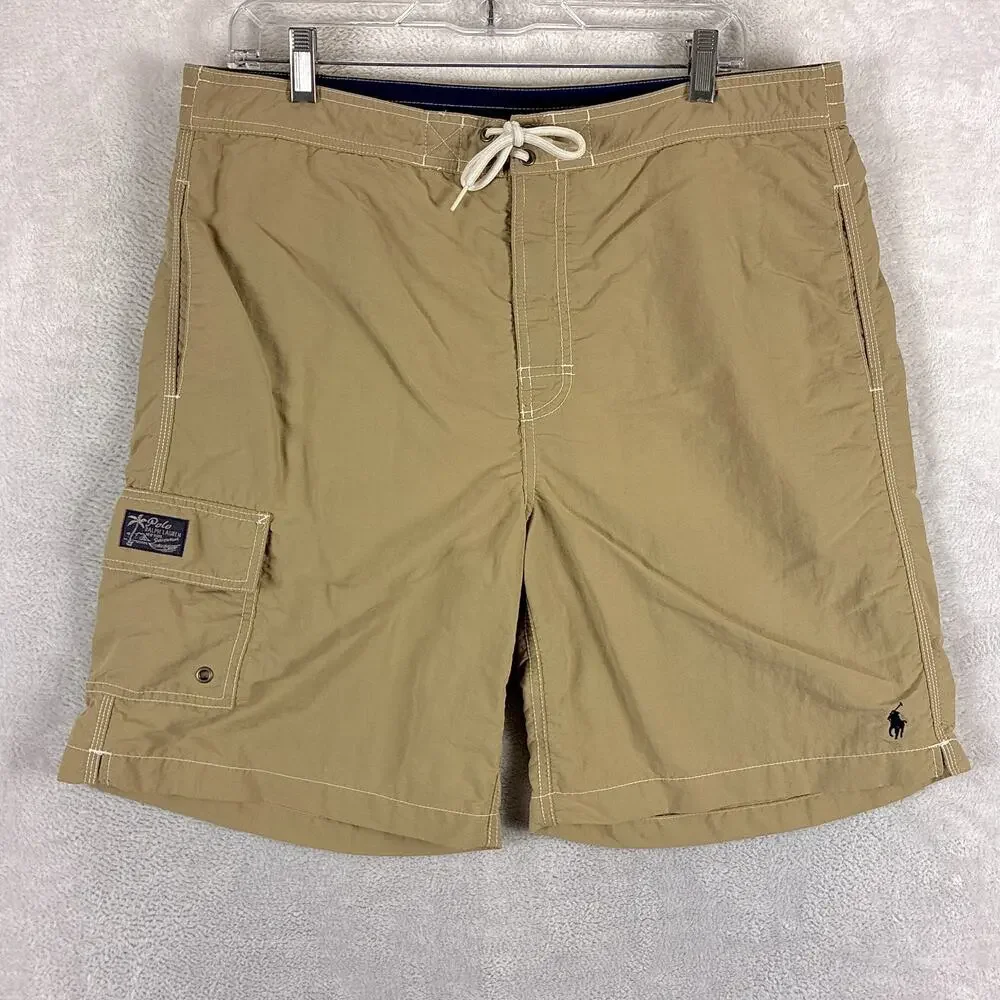 VTG Polo Ralph Lauren Swim Trunks Men M Brown Nylon Navy Pony Preppy Beach Surf